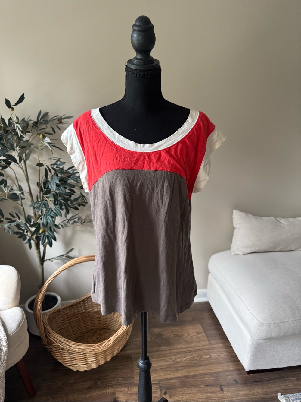 Vintage Old Navy Colorblock Cap-Sleeve Top in Red, White & Taupe